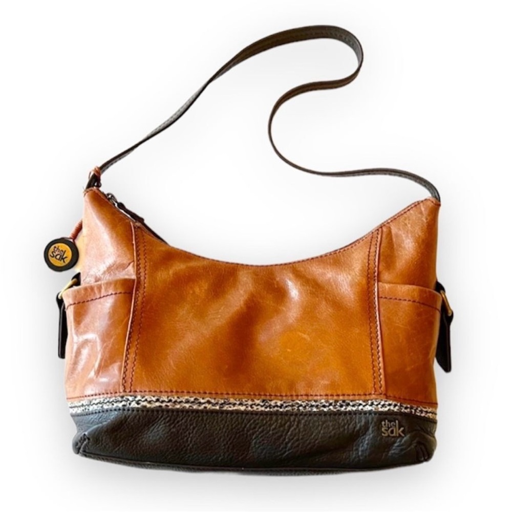 The Sak Two Tone Black and Tan Leather Shoulder Bag Purse Hobo Reptile Accents